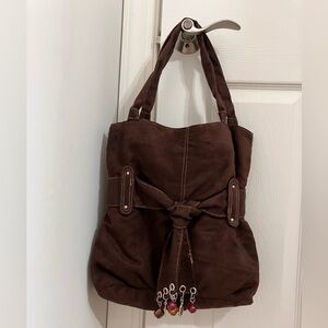 Brown, Faux Suede Bag With Charm Accents